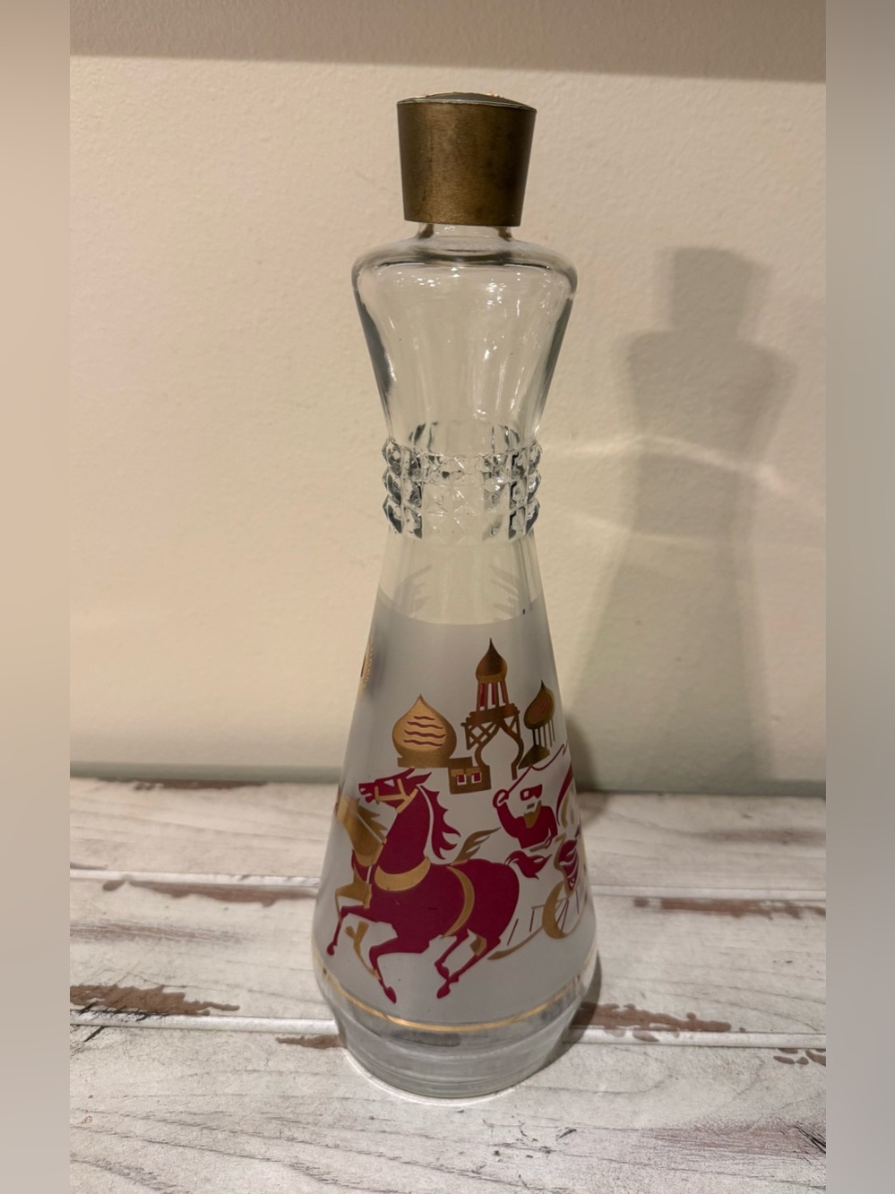 Vintage Frosted Glass Decanter Russian Troika Sleigh Gold Red Barware